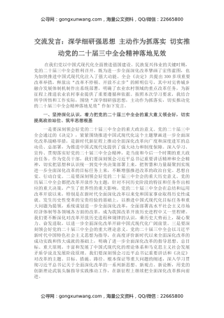 交流发言：深学细研强思想主动作为抓落实切实推动党的二十届三中全会精神落地见效