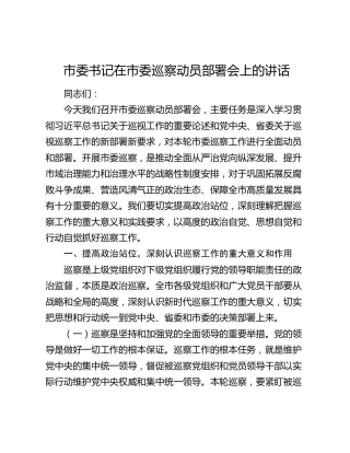 市委书记在市委巡察动员部署会上的讲话