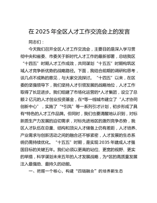 在2025年全区人才工作交流会上的发言