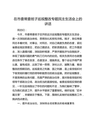 在市委常委班子巡视整改专题民主生活会上的讲话