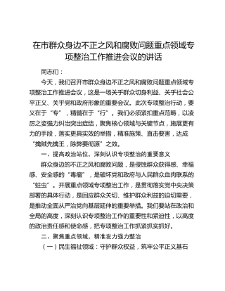 在市群众身边不正之风和腐败问题重点领域专项整治工作推进会议的讲话