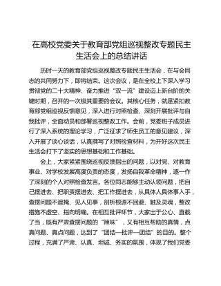 在高校党委关于教育部党组巡视整改专题民主生活会上的总结讲话