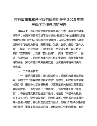 市行政审批和便民服务局党组关于2025年前三季度工作总结的报告