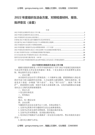 2022年度组织生活会方案、对照检查材料、报告、批评意见（全套）