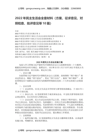 2022年民主生活会全套材料（方案、征求意见、对照检查、批评意见等10篇）
