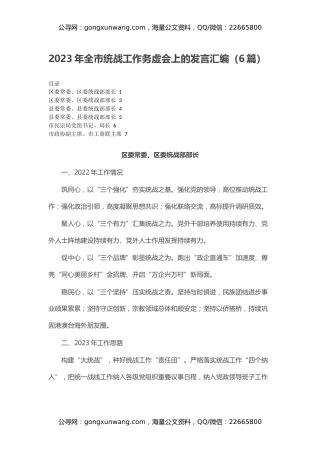 2023年全市统战工作务虚会上的发言汇编（6篇）