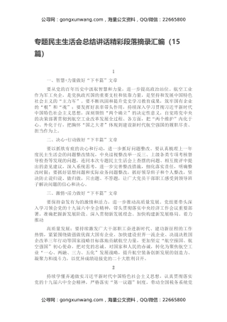 专题民主生活会总结讲话精彩段落摘录汇编（15篇）