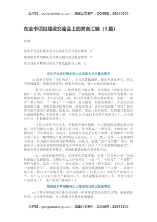 在全市项目建设交流会上的发言汇编（3篇）
