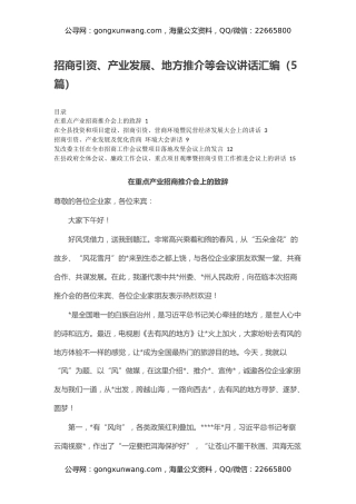 招商引资、产业发展、地方推介等会议讲话汇编（5篇）