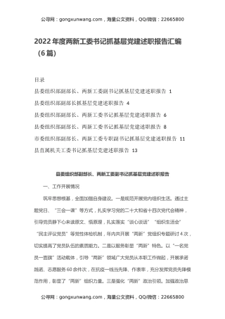 2022年度两新工委书记抓基层党建述职报告汇编（6篇）