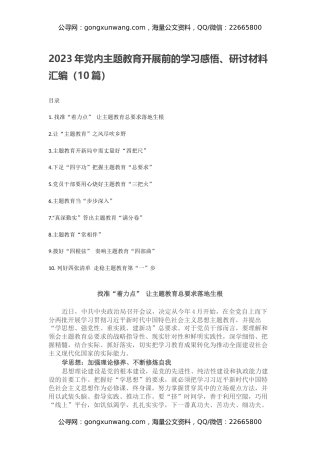2023年党内主题教育开展前的学习感悟、心得体会、研讨材料汇编（10篇）