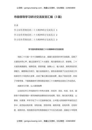 市级领导学习党的二十大精神研讨交流发言汇编（3篇）（盛会）