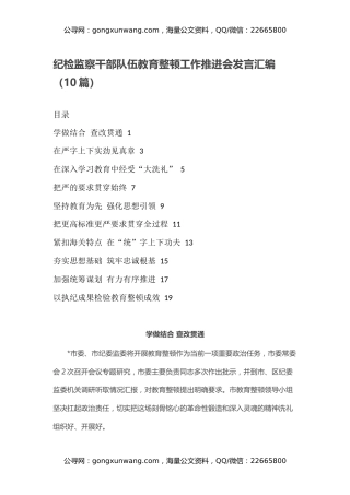 纪检监察干部队伍教育整顿工作推进会发言汇编（10篇）