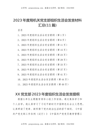 2023年度局机关党支部组织生活会发言材料汇总 (11篇)