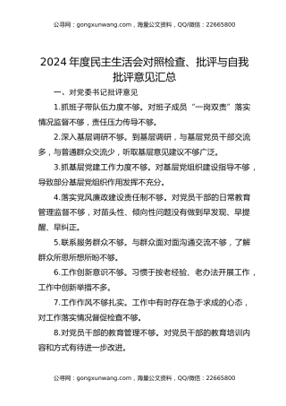 2024年度民主生活会对照检查、批评与自我批评意见汇总