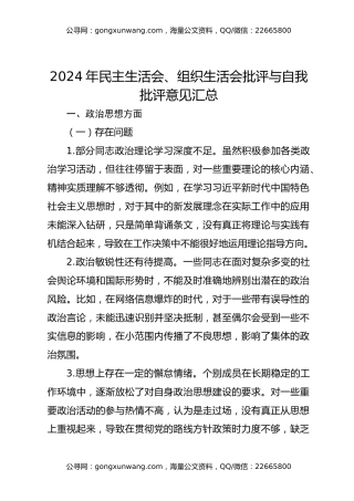 2024年民主生活会、组织生活会批评与自我批评意见汇总