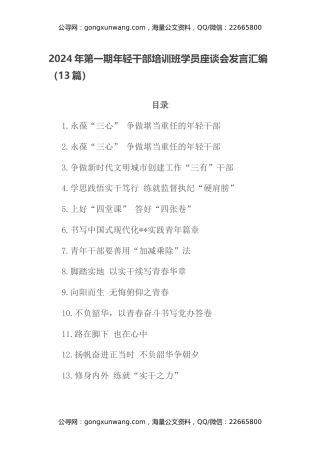 2024年第一期年轻干部培训班学员座谈会发言汇编（13篇）