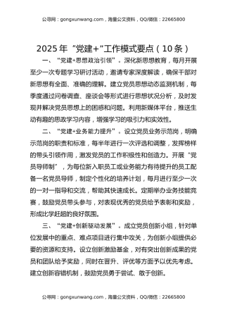 2025 年“党建+”工作模式要点（10条）