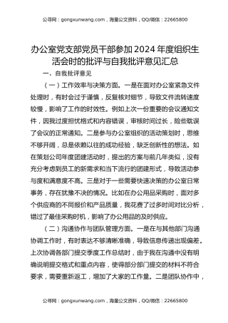 办公室党支部党员干部参加2024年度组织生活会时的批评与自我批评意见汇总