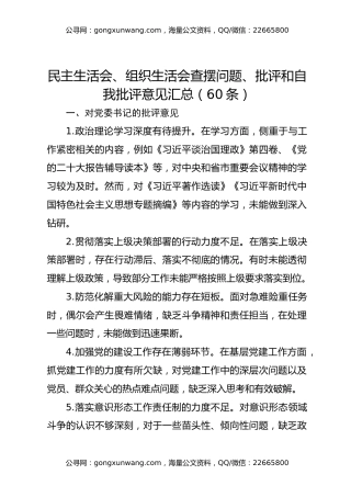 民主生活会、组织生活会查摆问题、批评和自我批评意见汇总（60条）
