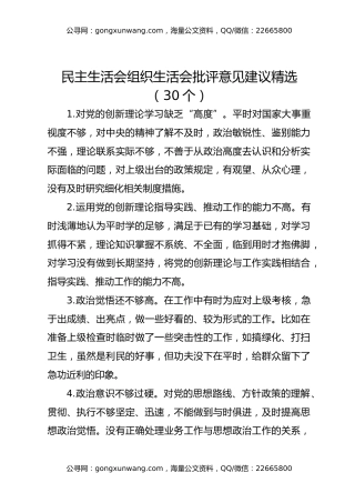 民主生活会组织生活会批评意见建议精选（30个）