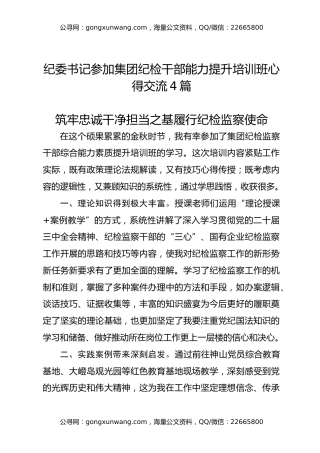 纪委书记参加集团纪检干部能力提升培训班心得交流4篇