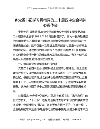 乡党委书记学习贯彻党的二十届四中全会精神心得体会