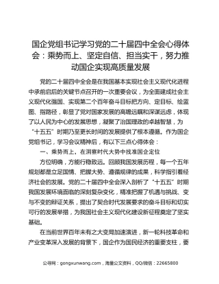 国企党组书记学习党的二十届四中全会心得体会：乘势而上、坚定自信、担当实干，努力推动国企实现高质量发展