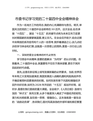 市委书记学习党的二十届四中全会精神体会