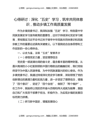 心得研讨：深化“五史”学习，筑牢共同体意识，推动乡镇工作高质量发展