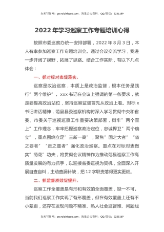 2022年学习巡察工作专题培训心得体会