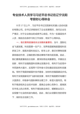 专业技术人员学习习近平总书记在辽宁沈阳考察时心得体会