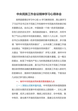 中央民族工作会议精神学习心得体会