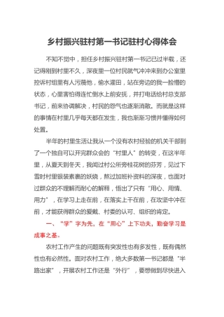 乡村振兴驻村第一书记驻村心得体会