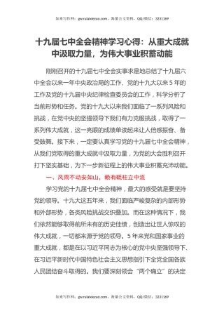 十九届七中全会精神学习心得体会：从重大成就中汲取力量，为伟大事业积蓄动能