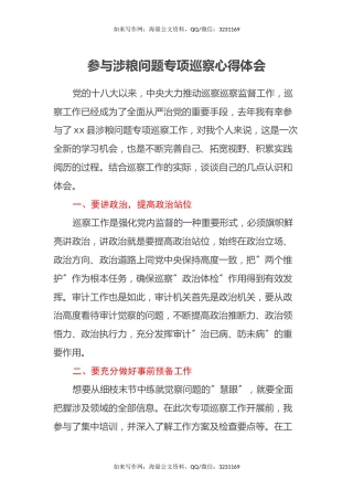 参与涉粮问题专项巡察心得体会
