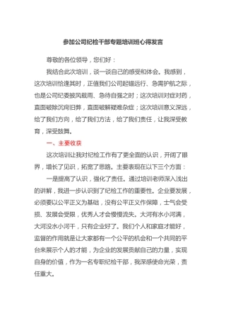 参加公司纪检干部专题培训班心得发言
