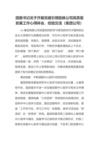 团委书记关于开展党建引领助推公司高质量发展工作心得体会、经验交流（集团公司）