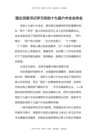 国企党委书记学习党的十九届六中全会体会