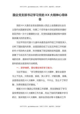 国企党支部书记学习党的二十大精神心得体会（盛会）