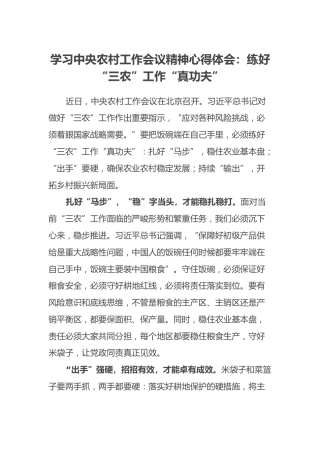 学习中央农村工作会议精神心得体会：练好“三农”工作“真功夫”