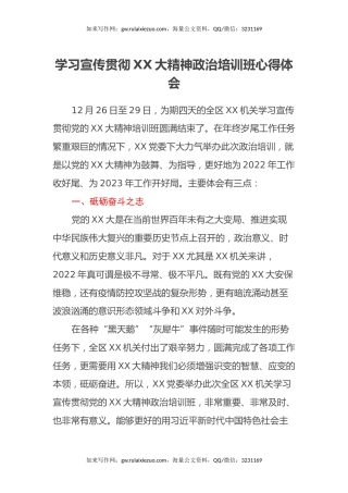 学习宣传贯彻二十大学习宣传贯彻二十大精神政治培训班心得体会（盛会）