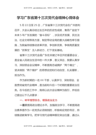 学习广东省第十三次党代会精神心得体会
