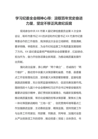学习纪委全会精神心得：汲取百年党史奋进力量，坚定不移正风肃纪反腐