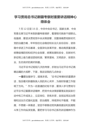 学习贯彻总书记新疆考察时重要讲话精神心得体会