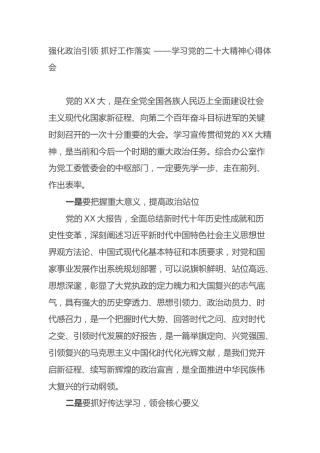 强化政治引领 抓好工作落实 ——学习党的二十大精神心得体会（盛会）