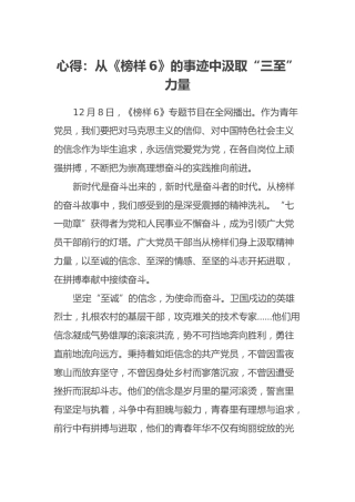 心得体会：从《榜样6》的事迹中汲取“三至”力量