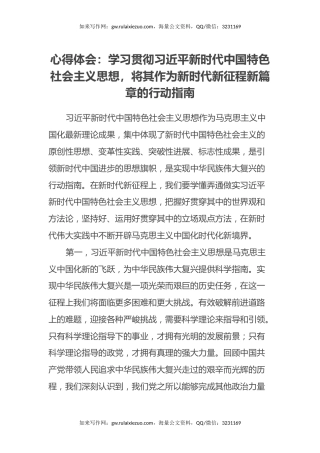心得体会：学习贯彻习近平新时代中国特色社会主义思想，将其作为新时代新征程新篇章的行动指南