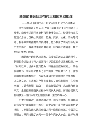新疆的命运始终与伟大祖国紧密相连 ——学习《新疆的若干历史问题》白皮书心得体会