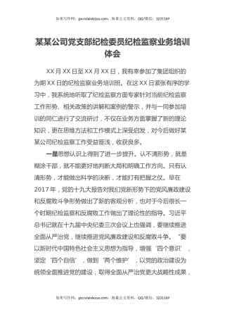 某某公司党支部纪检委员纪检监察业务培训体会